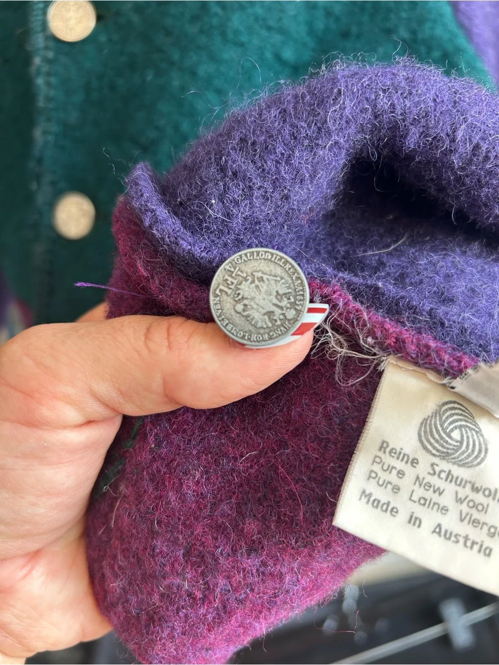 Giesswein Purple & Teal Kids Wool Pea Coat with Artist Patch